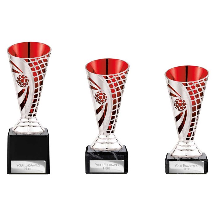 DEFENDER SILVER / RED PLASTIC BUDGET FOOTBALL CUPS  - AVAILABLE IN 3 SIZES (14CM - 17CM)